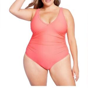 Kona Sol V-Neck Over The Shoulder High Leg One Piece Swimsuit NWT Size 22W Coral
